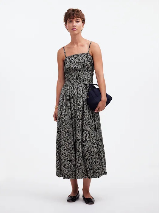 Madewell Sleeveless Bubble Hem Midi Dress Black Floral Print Smocked Waist